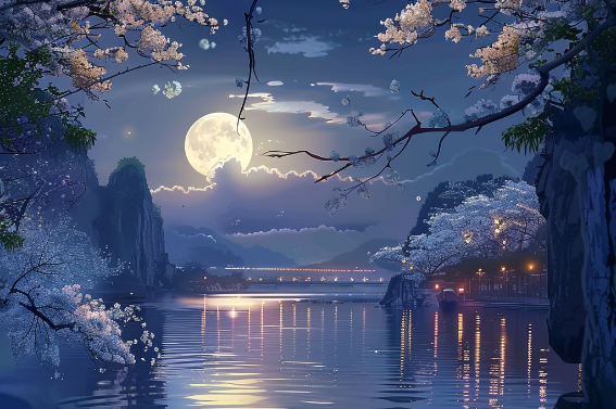 Blossoms on a Moonlit River in Spring