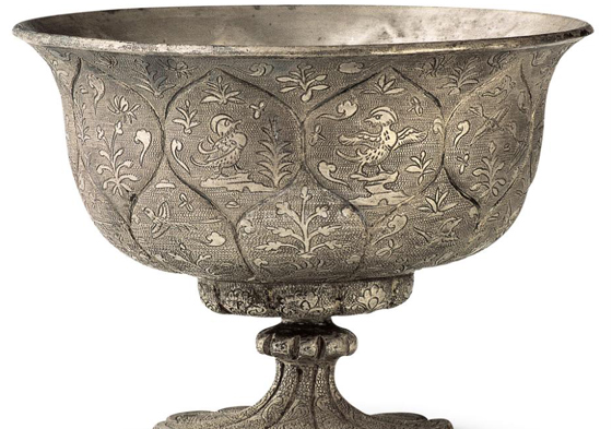 Silver-stemmed cup with flower and bird decorations
