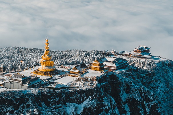 Charming snow-covered landscape seen from Buddhist temple on mountaintop