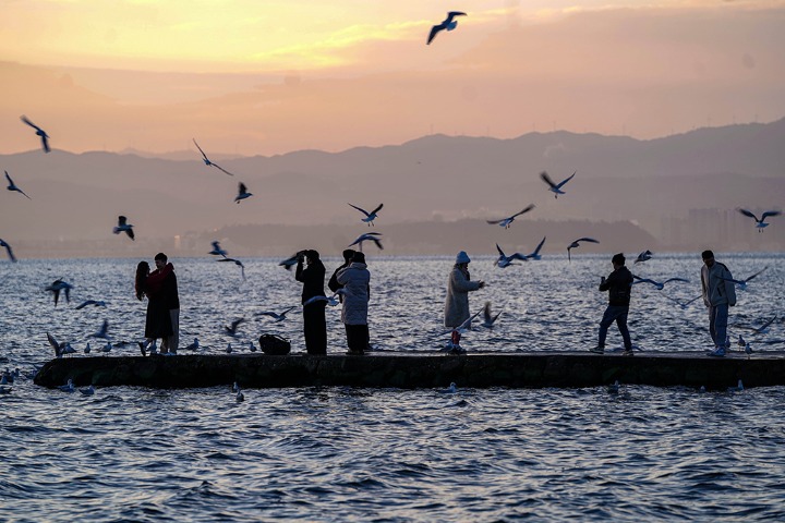 Lakeside scenery draws visitors to SW China despite bitter cold mornings
