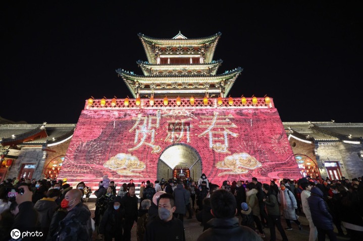 Historic street lights up at night in Taiyuan
