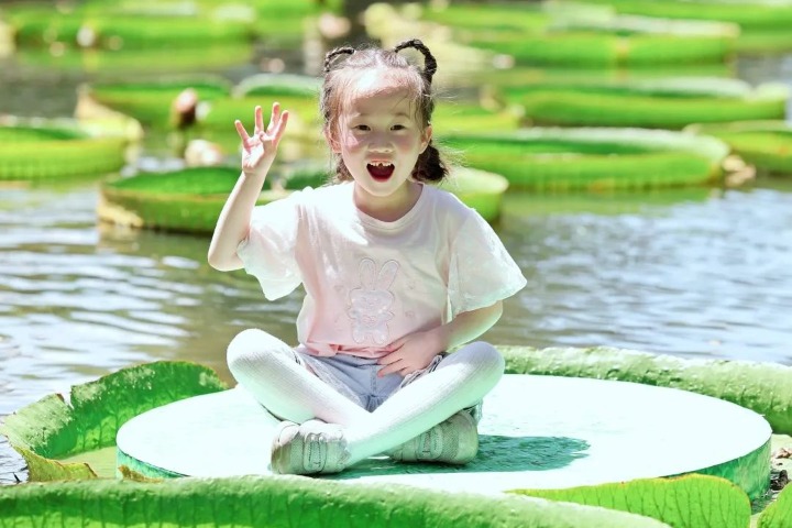 Children have fun seated on royal water lily leaves in Wuhan Botanical Garden