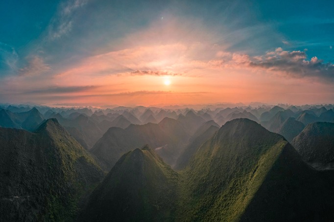 Magnificent sunrise over Guizhou village