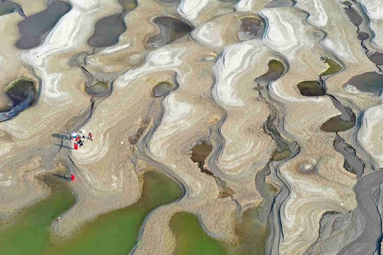 Viewed from top, beach resembles massive ink painting