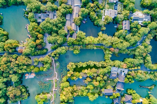 Aerial views of Xixi park in Hangzhou