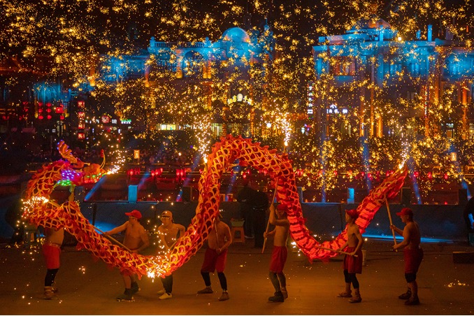 Molten iron fireworks show lights up ancient town