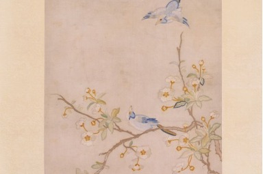 Embroidery piece a vibrant depiction of crabapple flowers and birds