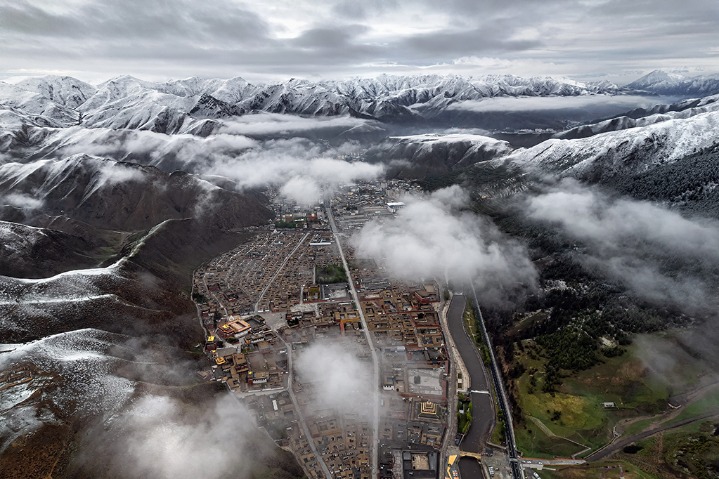 Aerial view of Xiahe county after snowfall