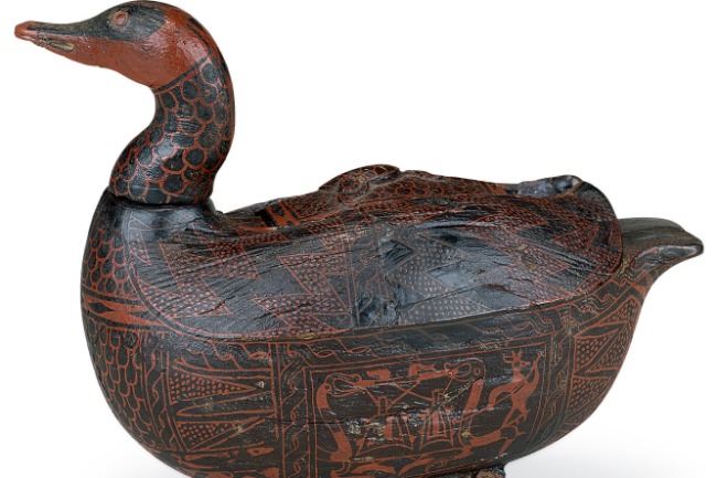 Mandarin duck-shaped lacquer box from over 2,000 years ago
