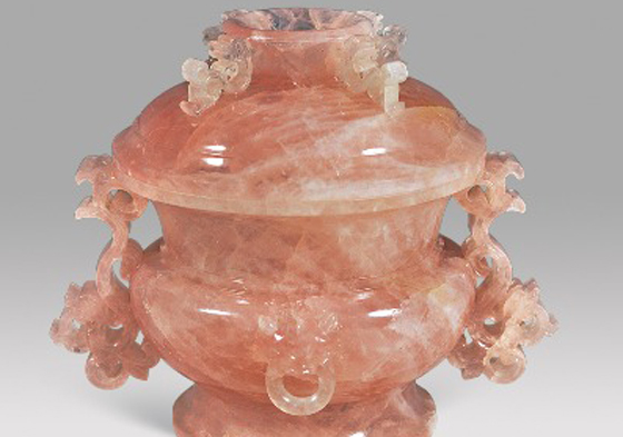 Rose quartz lidded incense burner with chi dragon-shaped ears