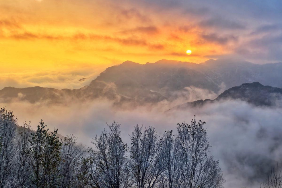 Frost scenery transforms Hebei mountains into silvery world