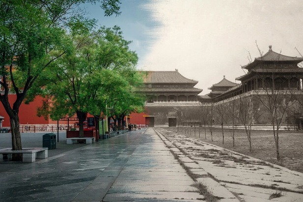 The camera lens creates a visual dialogue between two historic sites in Beijing