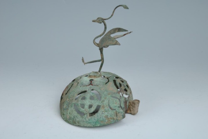 Bronze incense burner lid decorated with a vivid phoenix