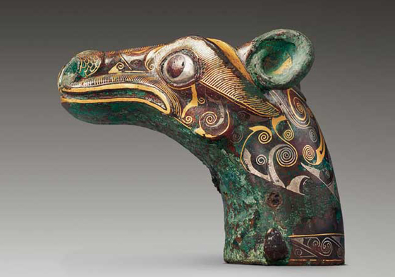 Horse head-shaped bronze chariot shaft ornament from 2,000 years ago