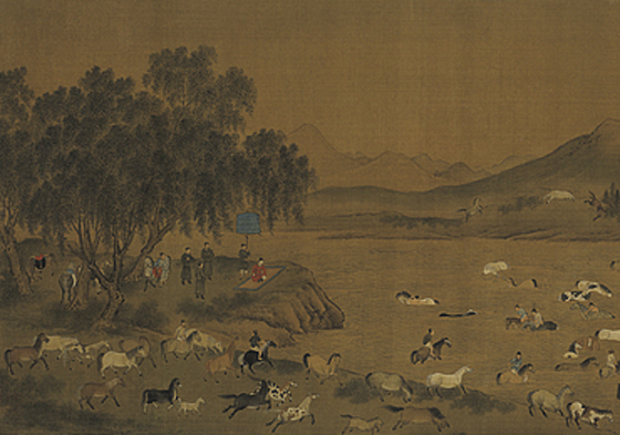 Silk painting captures the spirited charm of horse-washing scenes