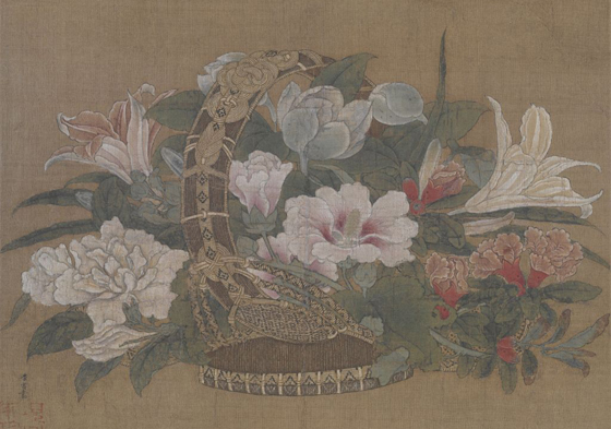 Ancient painting captures bamboo basket with vibrant blooms